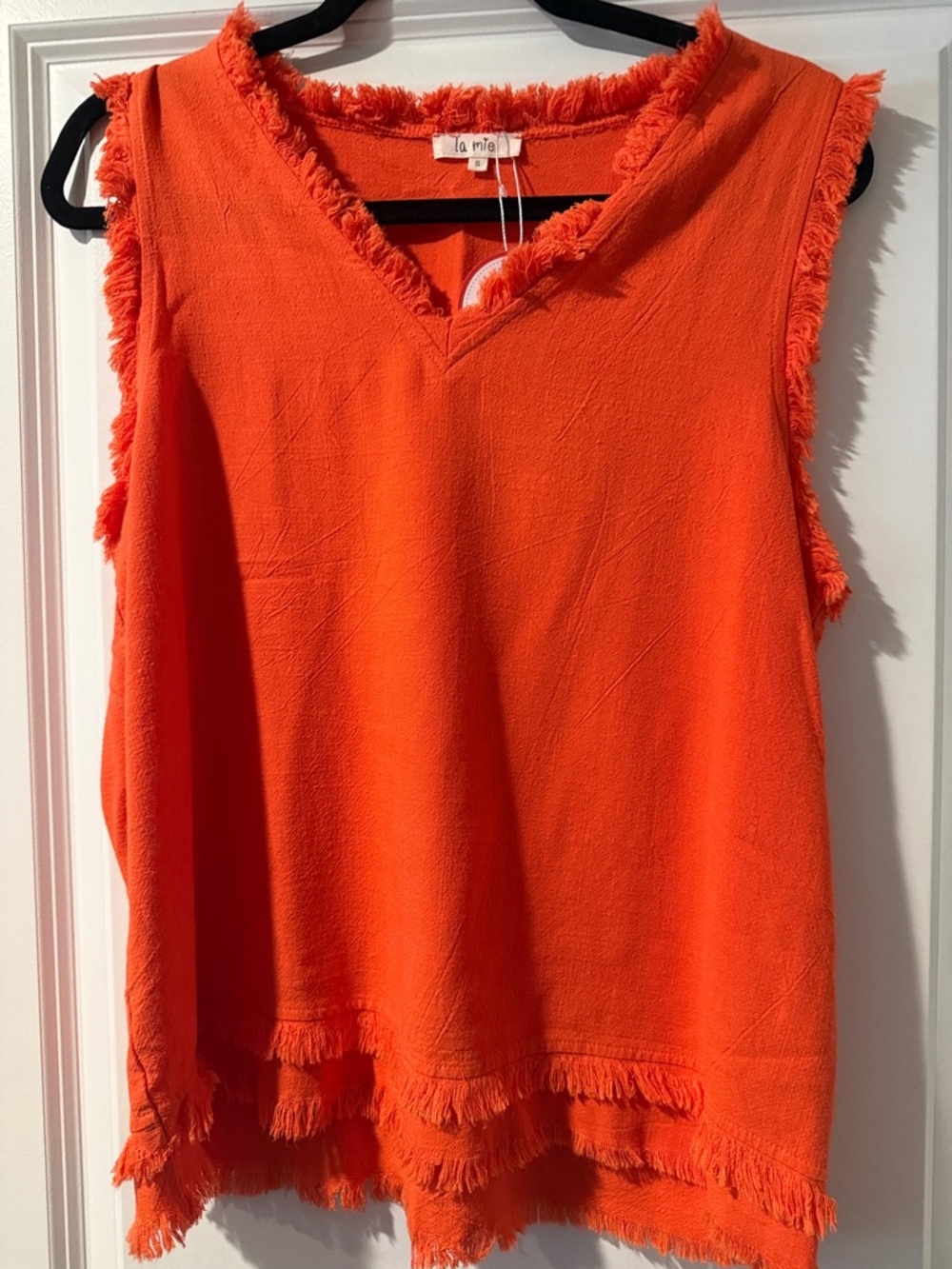 La Miel Sleeveless V-Neck Fringe Trim Tank Top - Orange